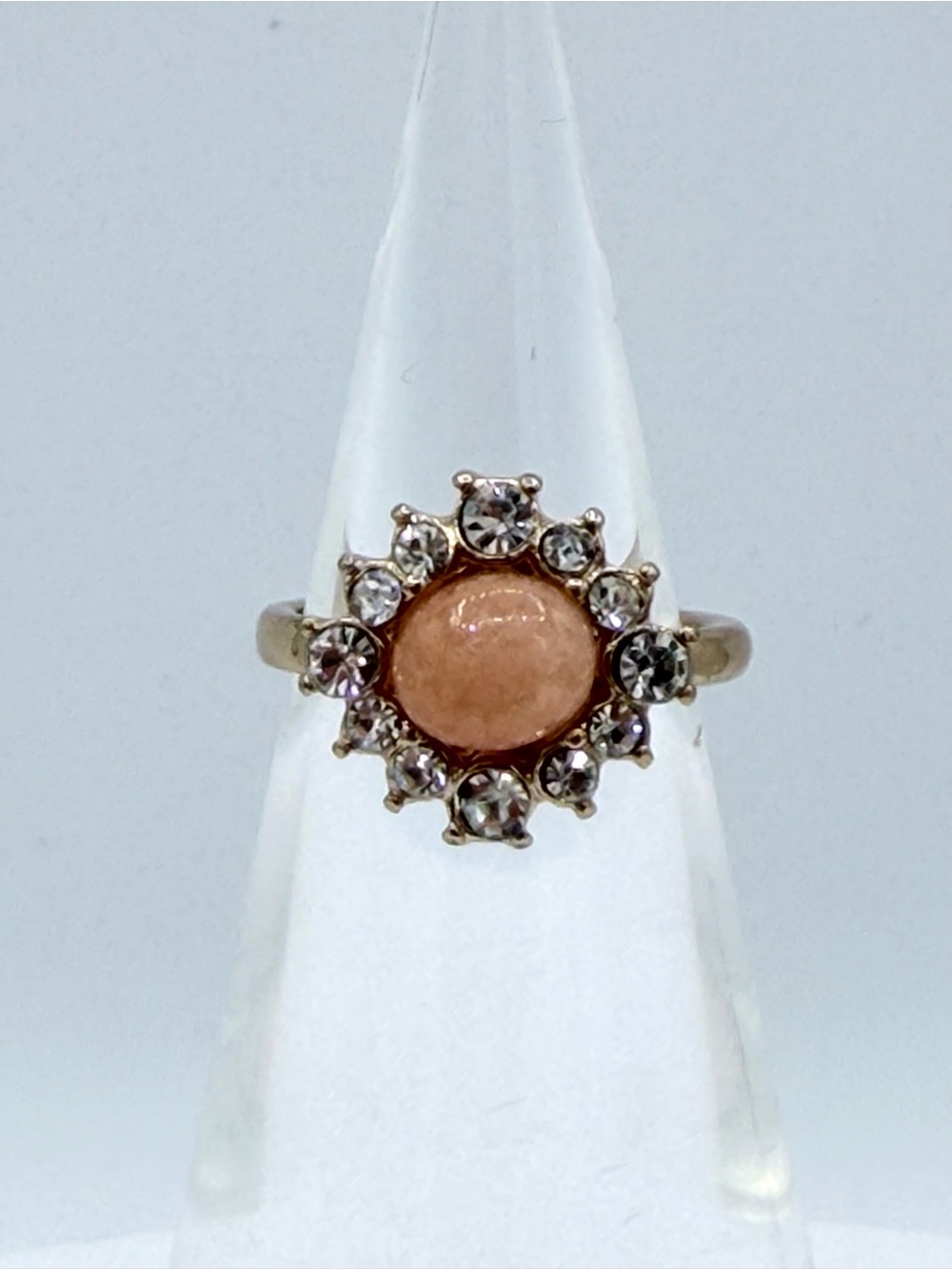 Simulated Peach Opal Clear Crystal Gold Plated Costume Jewelry Ring Jewelry